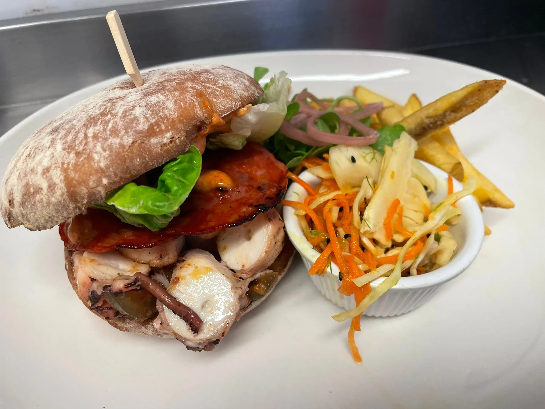 Octopus burger at The Chapel, Port Isaac